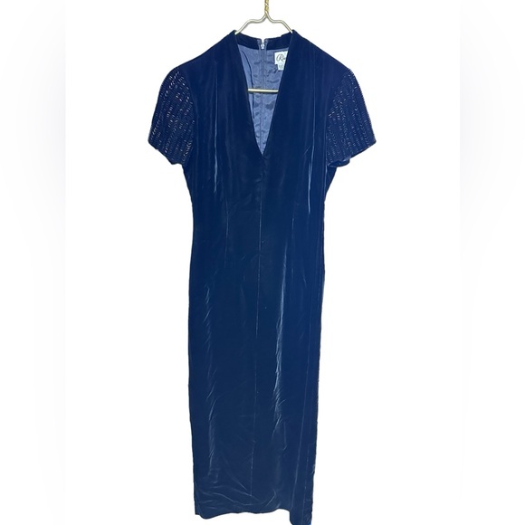 Stunning Velvet Sequin Short Sleeve Full Length Dress W/Sexy High Slit Vintage 8 - Picture 4 of 14